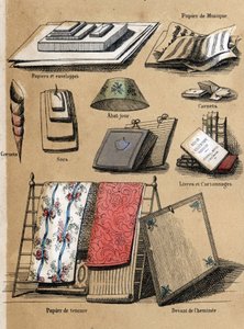 Beskrivelse av de forskjellige produktene og bruken av papir: forskjellige gjenstander laget av papir (konvolutter, noteark, vesker, lampeskjermer (lampeskjerm), notatbøker og bøker, tapet. Plate "" Le papier et ses produits"" i "" les Rekreasjonsinstrukti av French School