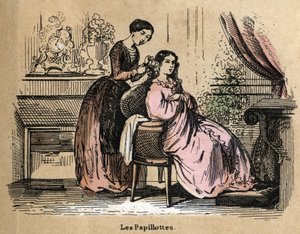 Description of the different products and uses of paper: foils, pieces of paper used to separate hair by dryers. Plate “” Le papier et ses produits”” in “” les Recreations instructives”” Synoptique painting by Jules Delbruck, engraving from 1860. Private c av French School