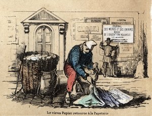 Beskrivelse av de forskjellige produktene og bruken av papir: gammelt papir tas opp for å bli fille igjen. Plate "" Le papier et ses produits"" i "" les Recreations instructives"" Synoptisk maleri av Jules Delbruck, gravering fra 1860. Privat samling. av French School