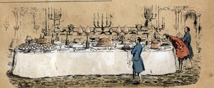 Beskrivelse av de forskjellige produktene og bruksområdene til kua: produkter fra kua (ost, biff) kan finnes på bordet til en hverdagslig buffet under et ball. Plate "" La coache et ses produits"" i "" les Recreations instruct av French School
