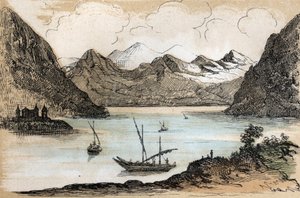 Beskrivelse av de forskjellige typer landskap og relieffer i henhold til geografi: detalj som viser Genfersjøen. Plate "" Physical Geography"" i "" les Recreations instructives"" Synoptisk maleri av Jules DELBRUCK, gravering fra 1860. Private collecti av French School