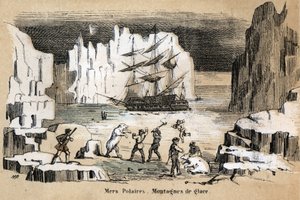 Beskrivelse av de ulike typer landskap og relieffer i henhold til geografi: detalj som viser et arktisk landskap med isbjørn, isfjell. Plate "" Physical Geography"" i "" les Recreations instructives"" Synoptisk maleri av Jules DELBRUCK, en av French School