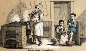 Beskrivelse av de fem sansene: detalj i smaken, en kokk nyter sausen hans og barna knaser i frukt. Plate "" Les cinq sens"" i "" les Recreations instructives"" Synoptisk maleri av Jules Delbruck, gravering fra 1860.  av French School