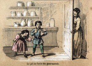 Beskrivelse av de fem sansene: detalj i smaken, to grådige barn fanget av moren sin som gjemmer en kjele med bitter smak blant de andre sukkerglassene. Tallerken "" Les cinq sens"" i "" les Recreations instructives"" Synoptisk maleri av Jules Delbru av French School