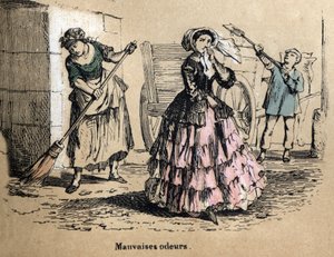 Description of the five senses: smell, a bourgeois clogging her nostrils so as not to smell the bad smells of manure and dung. Plate “” Les cinq sens”” in “” les Recreations instructives”” Synoptique painting by Jules Delbruck, engraving from 1860. Private av French School