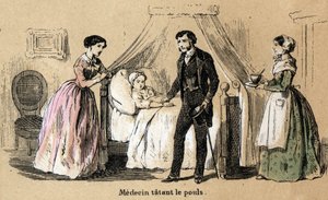 Beskrivelse av de fem sansene: berøring, en lege som tar pulsen til en syk jente. Plate "" Les cinq sens"" i "" les Recreations instructives"" Synoptisk maleri av Jules Delbruck, gravering fra 1860. Privat samling. av French School