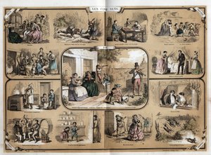 Beskrivelse av de fem sansene: syn, fra venstre til høyre og fra topp til bunn, hørsel, berøring, lukt og smak. Plate "" Les cinq sens"" i "" les Recreations instructives"" Synoptisk maleri av Jules Delbruck, graveri av French School