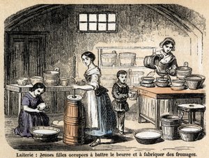 Beskrivelse av de ulike jobbene og saueproduktene: unge melkebønder som lager smør og oster i et meieri. Plate "" Les Moutons"" i "" les Recreations instructives"" Synoptisk maleri av Jules DELBRUCK, gravering fra 1860. Privat samling. av French School