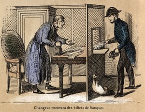 Beschreibung der verschiedenen Produkte und Verwendungen von Papier: Eine Transaktion bei der Bank, ein Banker erhält Papiergeldscheine. (Le papier et ses produits) von French School