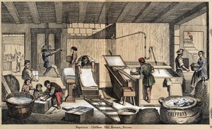 Beskrivelse av de ulike produktene og bruksområdene for papir: aktiviteter i et brevpapir, lage papir av filler, papirmasse, former og presse. Plate "" Le papier et ses produits"" i "" les Recreations instructives""  av French School