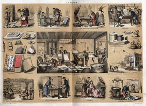Description of the various products and uses of paper: at the centre are activities in a stationery, making paper from rags, pulp, shapes and press. Various uses, drawing paper, scientist Buffon writing his Natural History, reading public papers (newspaper av French School