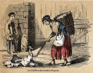 Beskrivelse av de ulike produktene og bruken av papir: samlingen av gamle filler som papiret er avledet fra. Plate "" Le papier et ses produits"" i "" les Recreations instructives"" Synoptisk maleri av Jules Delbruck av French School