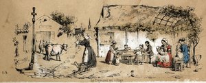 Description of the various products and uses of the cow: scene of daily life in a village. Plate “” La coache et ses produits”” in “” les Recreations instructives”” Synoptique painting by Jules DELBRUCK, engraving from 1860. Private collection. av French School