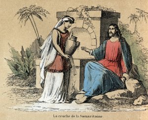 Beskrivelse av de ulike stadiene av fremstilling og bruk av leire: Jesus og samaritan bærer en leirmugge i Bibelen. Plate "" Leiren og dens produkter"" i "" Les Recreations instructives"" Synoptisk maleri av Jules DELBRUCK, gravering fra 1860. Privat av French School