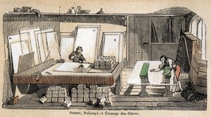 Description of the various stages of manufacture and use of glass: a workshop for gilding, polishing and stamping of glass. Plate “” Glass and its products”” in “” Les Recreations instructives”” Synoptic painting by Jules DELBRUCK, engraving from 1860. Pri av French School