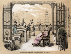 Beskrivelse av de ulike produksjonsstadiene og bruken av leire: et kinesisk interiør med Pekin-porselen. Plate "" Leiren og dens produkter"" i "" Les Recreations instructives"" Synoptisk maleri av Jules DELBRUCK, gravering fra 1860. Private collecti av French School
