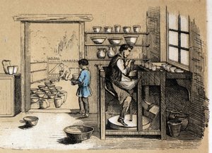 Beskrivelse av de ulike stadiene av produksjon og bruk av leire: en keramiker som jobber etter tur. Plate "" Leiren og dens produkter"" i "" Les Recreations instructives"" Synoptisk maleri av Jules DELBRUCK, graverin av French School