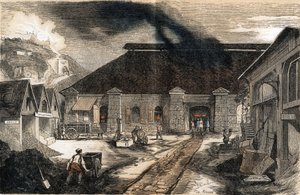 Description of the various stages of manufacture and uses of glass: view of the interior of a glass factory. Plate “” Glass and its products”” in “” Les Recreations instructives”” Synoptic painting by Jules DELBRUCK, engraving from 1860. Private collection av French School