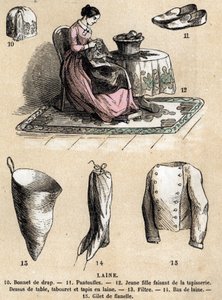 Beskrivelse av ulike bruksområder og produkter av sau: billedvev og ullprodukter, lue, tøfler, ullstrømper, flanellvest. Plate "" Les Moutons"" i "" les Recreations instructives"" Synoptisk maleri av Jules DELBRUCK, gravering fra 1860. Privat av French School