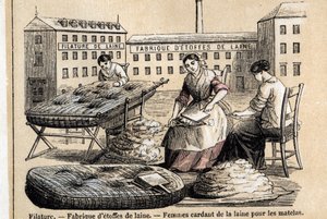 Description of the various uses and products of sheep: workers carding wool for mattresses in the yard of a factory. Plate “” Les moutons”” in “” les Recreations instructives”” Synoptique painting by Jules DELBRUCK, engraving from 1860. Private collection. av French School