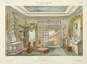 Design for et baderomsinnredningsmøbel fra Le Garde-Meuble, Pub. Paris, ca. 1890 (fargelitografi) av French School