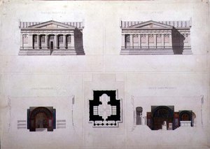 Design for et mausoleum i gresk vekkelsesstil, C.1835 (penn og blekk med akvarell på papir) av French School