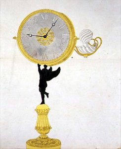Design for en Ormolu-klokke, ca. 1825 (penn og blekk og akvarell på papir) av French School