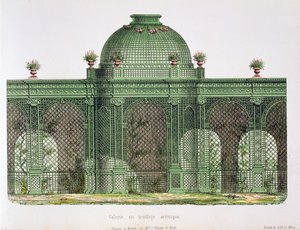 Design for et arkadeformet trelliswork-galleri med en sentral kuppel, publisert for Bureau de Moniteur des Menusiers, Paris av French School