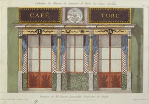 Design for fasaden til Cafe Turc, fra en serie som viser de best dekorerte kommersielle bygningene i Paris, ca. 1810 av French School