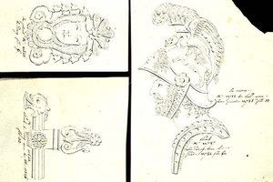 Design for bronse ormolu møbelfester, ca. 1825 (penn og blekk på papir) av French School