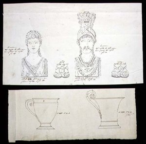 Design for ormolu-møbelfester i forgylt bronse og porselenskopper fra det franske imperiet, ca. 1820 (penn og blekk på papir) av French School