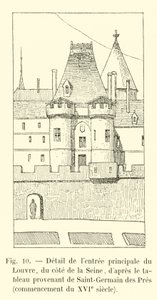 Detalj av hovedinngangen til Louvre, fra siden av Seinen, etter maleriet fra Saint-Germain des Pres, begynnelsen av 1500-tallet av French School