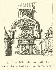 Detalj av campanile og kartusj som bærer armene til Ludvig XII av French School