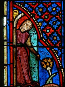 Detalj fra et vindu som viser scener fra livet til St. Mary den egyptiske av French School