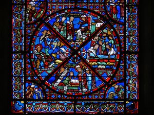 Detalj fra et vindu som viser scener fra St. Stephens liv av French School
