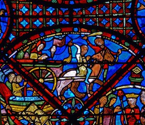 Detalj fra et vindu som viser scener fra St. Stephens liv: hest og vogn av French School
