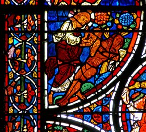 Detalj fra et vindu som viser lignelsen om den barmhjertige samaritan: Evas skapelse av French School