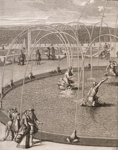 Detalj av fontenen til Diana og Apollo i Versailles, fra 'Les Plans, Profils et Elevations des Ville et Chateau de Versailles', utgitt ca. 1715 (gravering) av French School