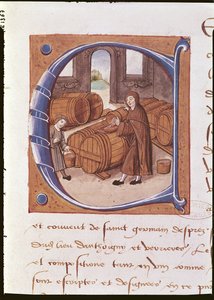 Detalj av en historisk initial med en illustrasjon av en vinbonde i arbeid, fra 