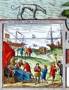 Detalj av en utsikt over havnen i Cadiz som viser handel med Vestindia av French School