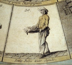 Detalj av spillet til Cree of Paris-gåsen: kjøpmann av varm liten pasta. Gravering fra 1700-tallet. Coll. Reise. av French School