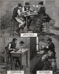 Diamantskjæring, lyd, grov og spalting. Gravering fra 1885 i "" Les arts et metiers illustres"" av Adolphe BITARD. av French School