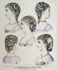 Ulike frisyrer, tallerken fra Le Moniteur de la Coiffure, 1880 av French School