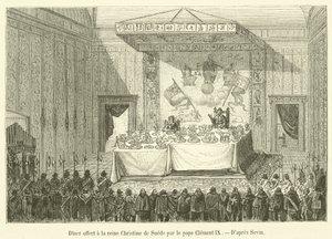 Middag tilbys dronning Christina av Sverige av pave Clement IX (gravering) av French School