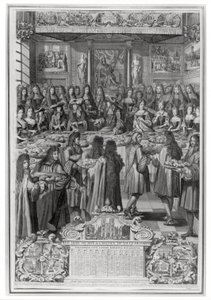 Middag til Ludvig XIV (1638-1715) på Hotel de ville, 30. januar 1687, fra årets kalender 1688 av French School