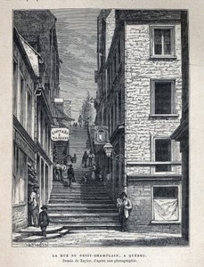 Oppdag Canada: Rue du Peute Champlain (Petity-Champlain) i Quebec. Tegning av Taylor fra et fotografi. Gravering fra slutten av 1800-tallet i «La nouvelle France» av Eugene Guenin. av French School