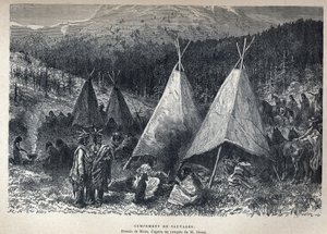 Discovered Canada: American Indian Camp with teepees. Drawing by Riou from a sketch by Dixon. Engraving from the end of the 19th century in “La nouvelle France” by Eugene Guenin. av French School