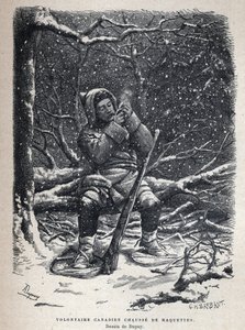 Discovered Canada: Canadian army volunteer snowshoe shoes. Drawing by Dupuy. Engraving from the end of the 19th century in “La nouvelle France” by Eugene Guenin. av French School