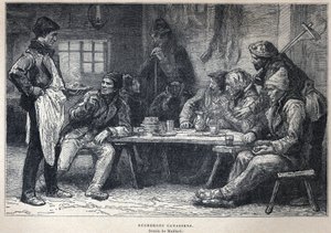 Oppdaget Canada: kanadiske loggere. Tegning av Maillard. Gravering fra slutten av 1800-tallet i «La nouvelle France» av Eugene Guenin. av French School