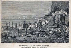 Oppdaget Canada: bygging av en barkkano. Tegning av Bassot etter fotografi. Gravering fra slutten av 1800-tallet i «La nouvelle France» av Eugene Guenin. av French School